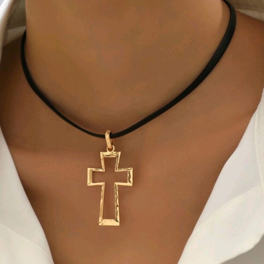 Elegant Gold Cross Necklace with Black‎ Rubber Cord For Woman